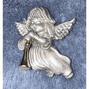 Vintage Danecraft Angel Brooch Silver Tone Cherub Playing Gold Horn‎ Pin